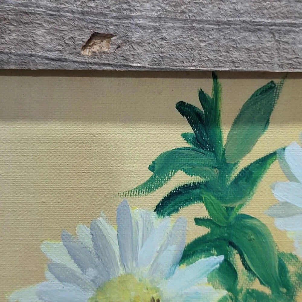 Vintage Oil Painting of Daisies Rustic Wooden Frame Impasto Technique